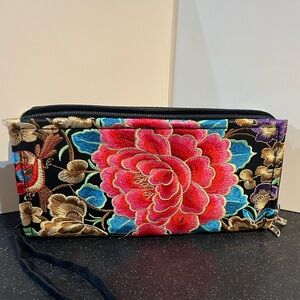 Floral Embroidered Clutch - Black and Pink